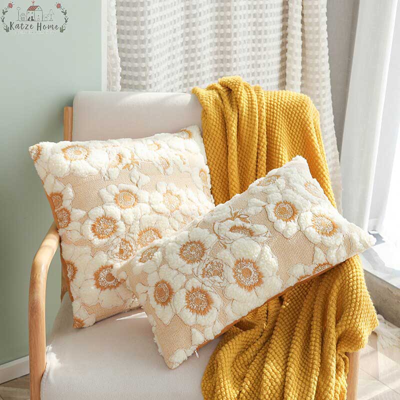 Aesthetic Floral Sunflower Embroidered Pillow Cover Katze Home