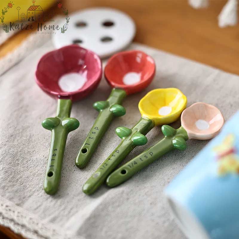 Cactus Measuring Spoons Set in Pot Cute Ceramic Kitchen Measuring Cups and  Spoon