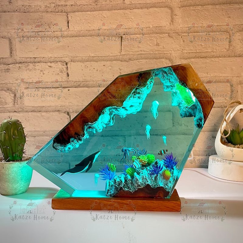 Humpback whale and Jellyfish Wood Ocean Resin Lamp