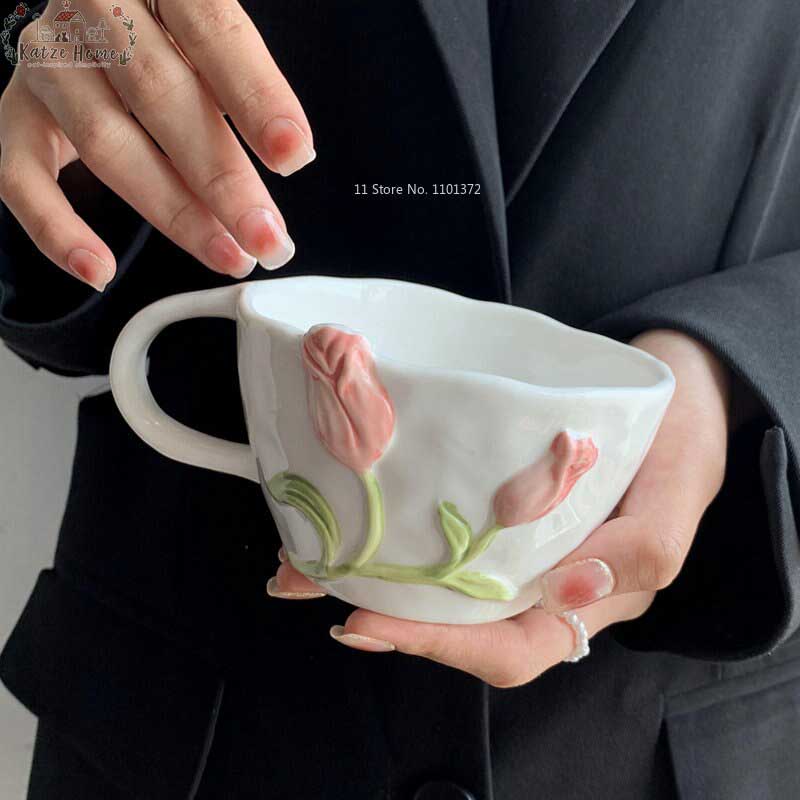 Aesthetic Ceramic Embossed Tulip Mug Plates