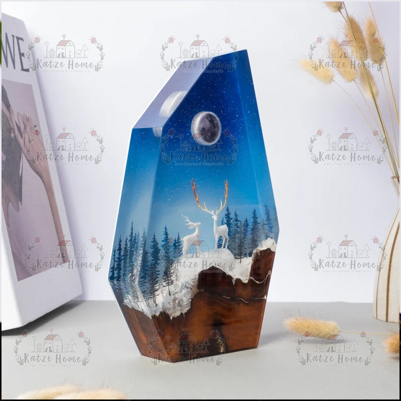 Deer in Snowy Forest Resin Table Lamp