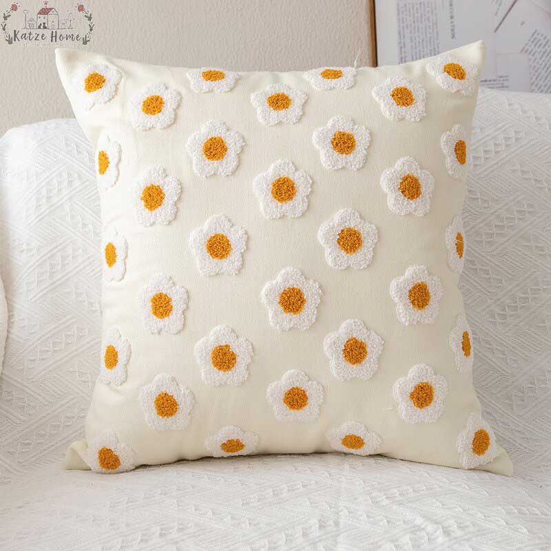 Handmade Embroidered Daisy Floral Pillow Cover