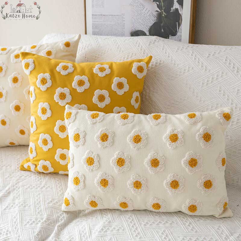 Handmade Embroidered Daisy Floral Pillow Cover