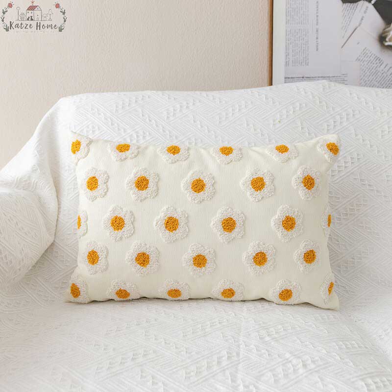 Handmade Embroidered Daisy Floral Pillow Cover