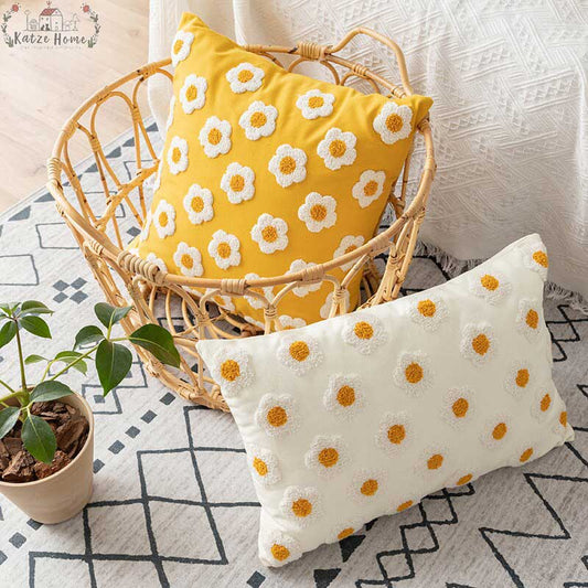 Handmade Embroidered Daisy Floral Pillow Cover
