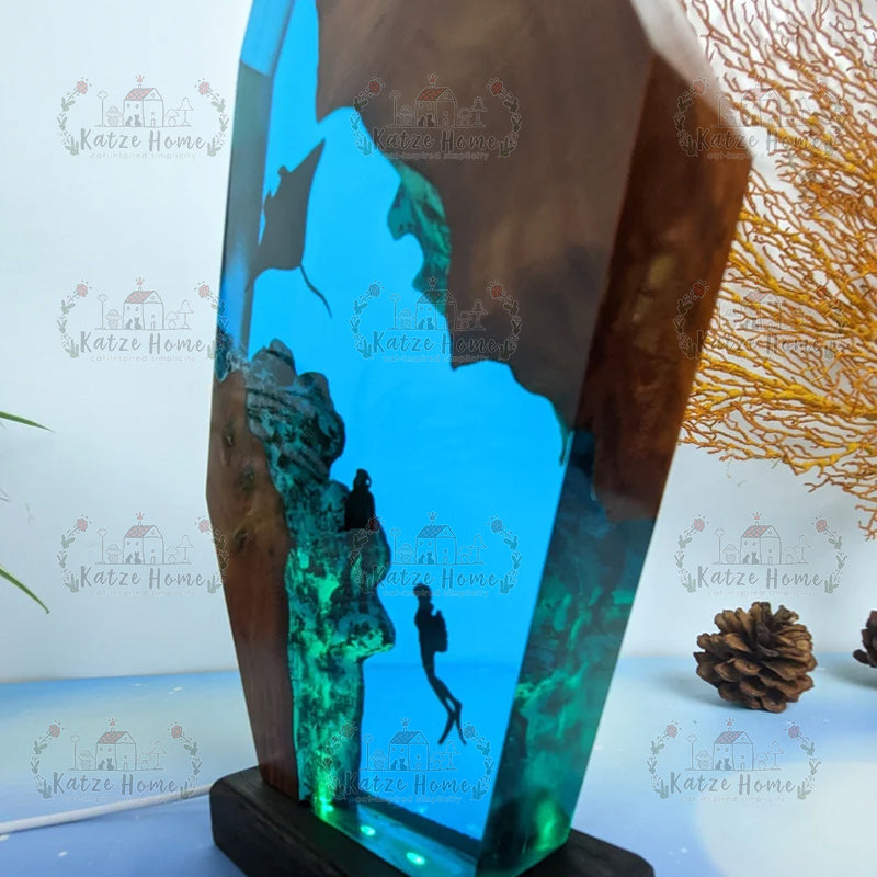 Marine Exploration Of Diver Couple Epoxy Resin Lamp