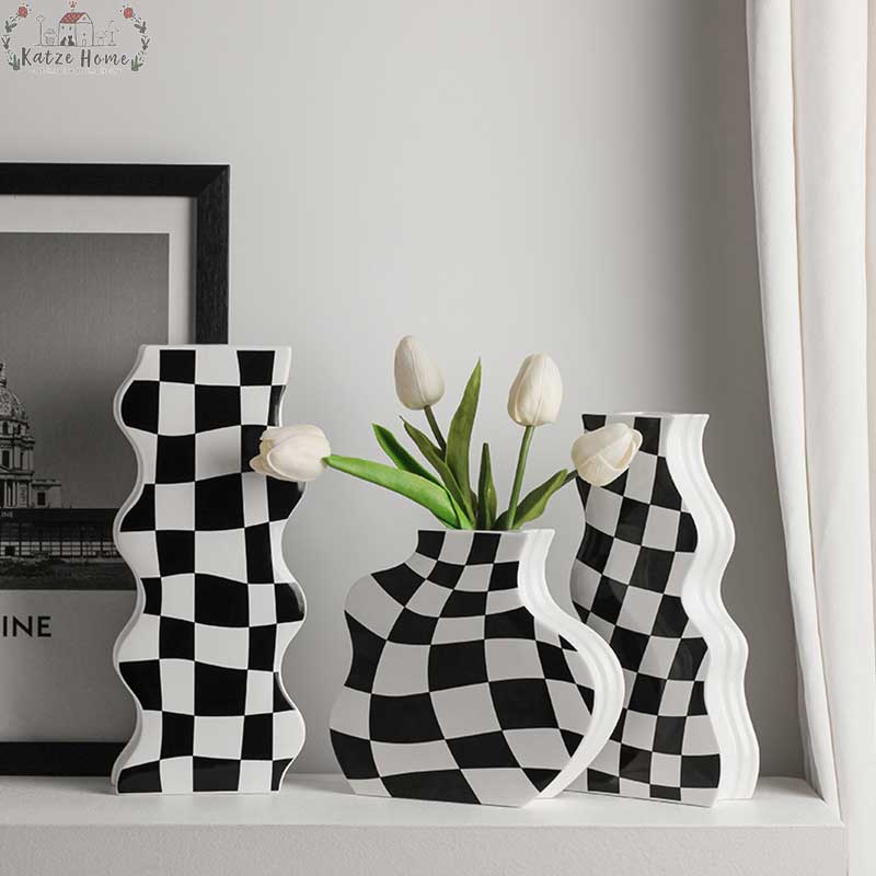 Minimalist Ceramic Black And White Checkered Vase