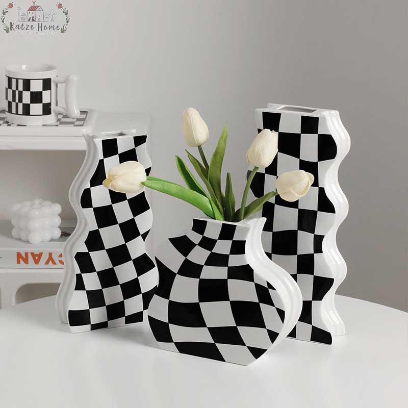 Minimalist Ceramic Black And White Checkered Vase