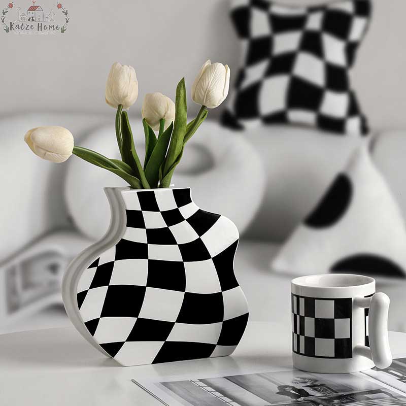 Minimalist Ceramic Black And White Checkered Vase