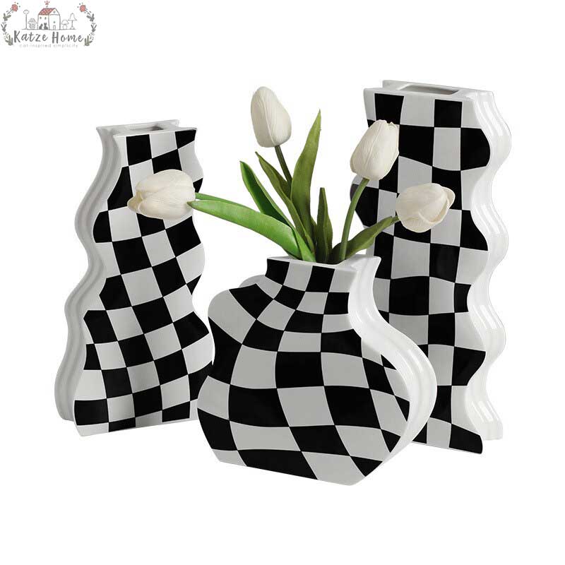 Minimalist Ceramic Black And White Checkered Vase