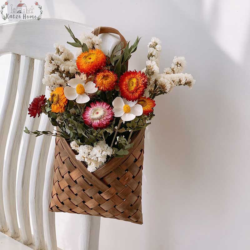 Minimalist Wall Hanging Woven Bamboo Basket with Floral Bouquet