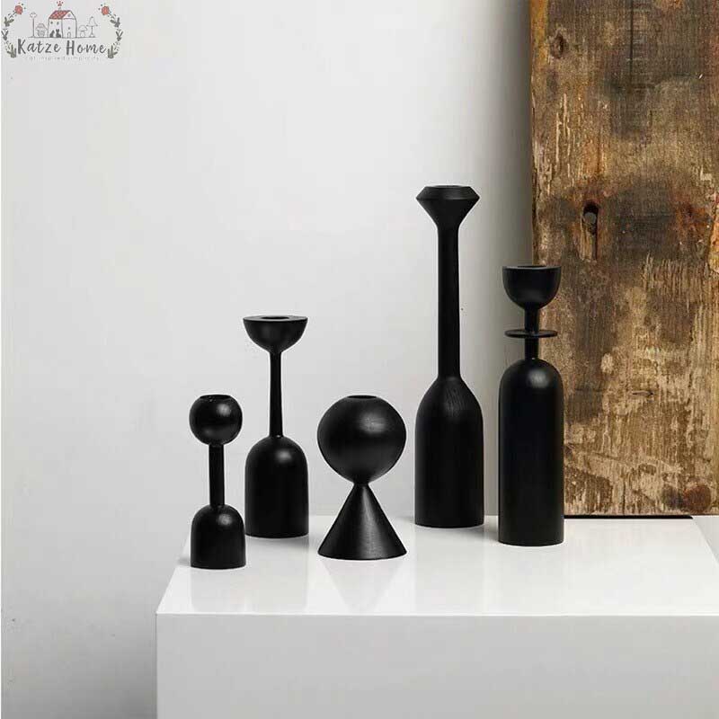 Modern Black Wood Tapered Candle Holder