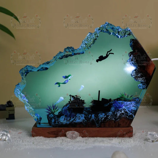 Ocean Diver and Mermaid Resin Lamp