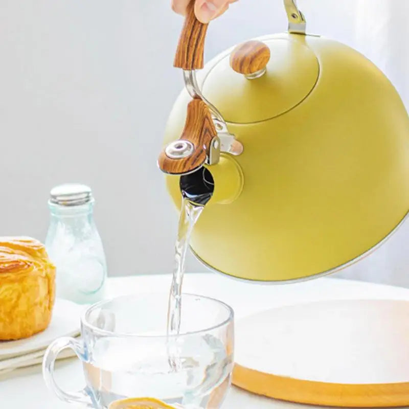 Retro Yellow Whistling Electric Kettle With Wood Ergonomic Handle
