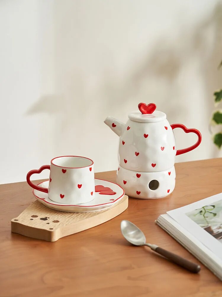 Cottagecore Red Heart Ceramic Tea Sets