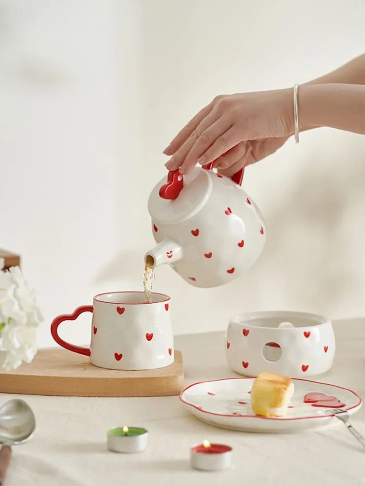 Cottagecore Red Heart Ceramic Tea Sets
