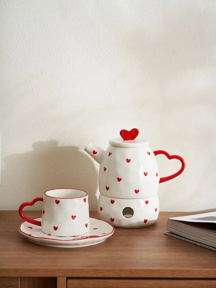 Cottagecore Red Heart Ceramic Tea Sets