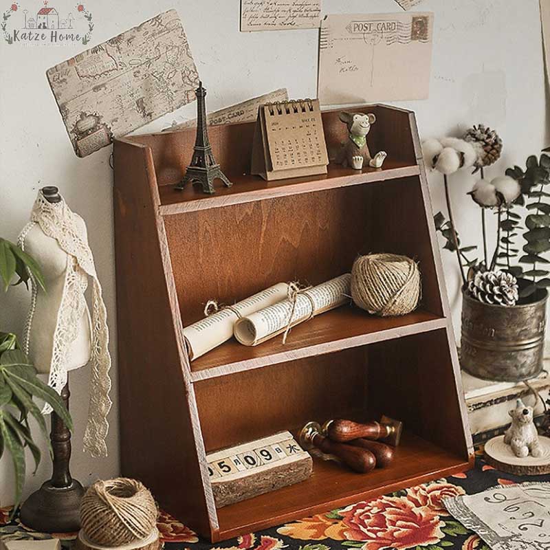 Vintage Classic Brown Wooden Desk Shelf