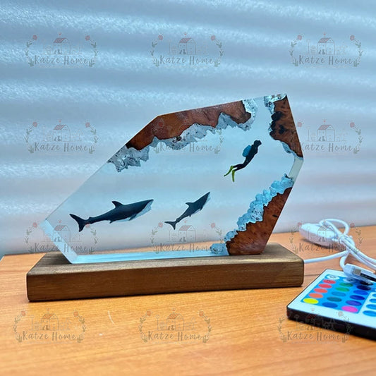 Whale and Scuba Diver Ocean Resin Wood Lamp