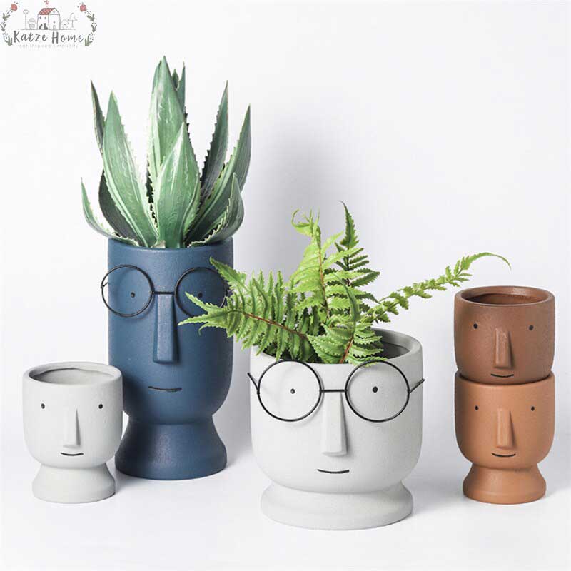 Abstract Cartoon Ceramic Head Planter with Glasses