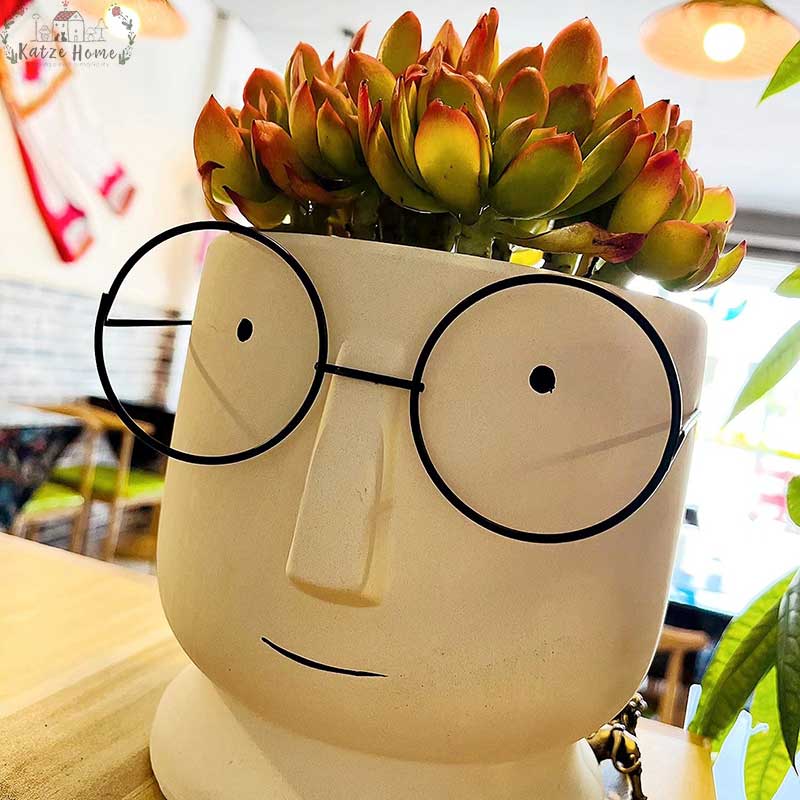 Abstract Cartoon Ceramic Head Planter with Glasses