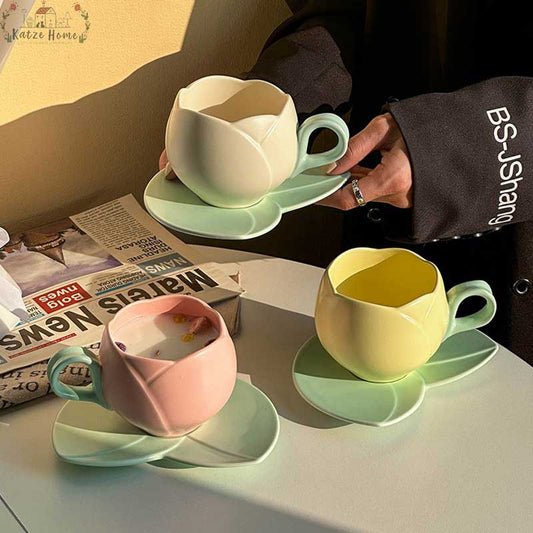 Aesthetic Ceramic Tulip Shaped Coffee Mug Saucer Set
