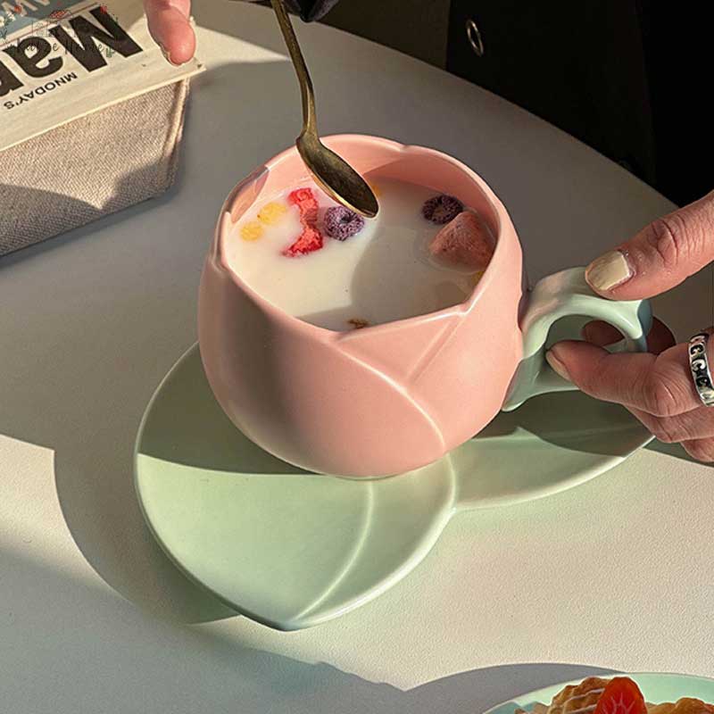 Aesthetic Ceramic Tulip Shaped Coffee Mug Saucer Set