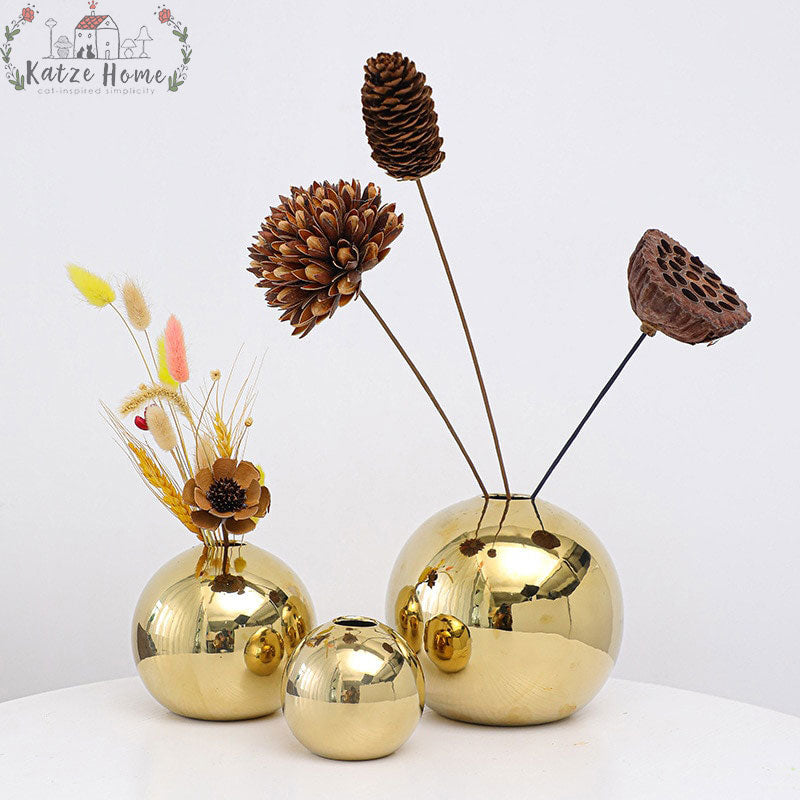 Ceramic Golden Mirror Ball Vase For Flower Arrangement