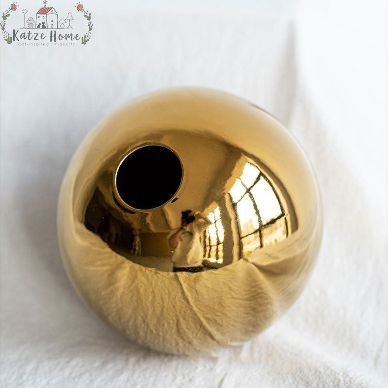 Ceramic Golden Mirror Ball Vase For Flower Arrangement