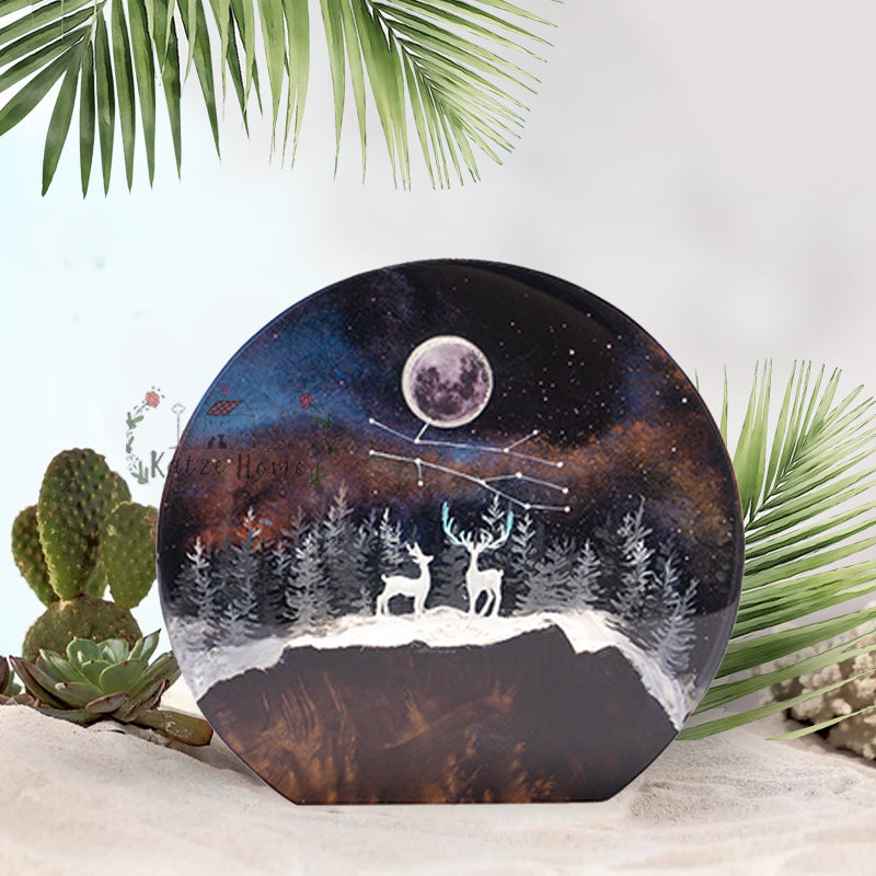 Circular Winter Forest Zodiac Deers Epoxy Resin Lamp