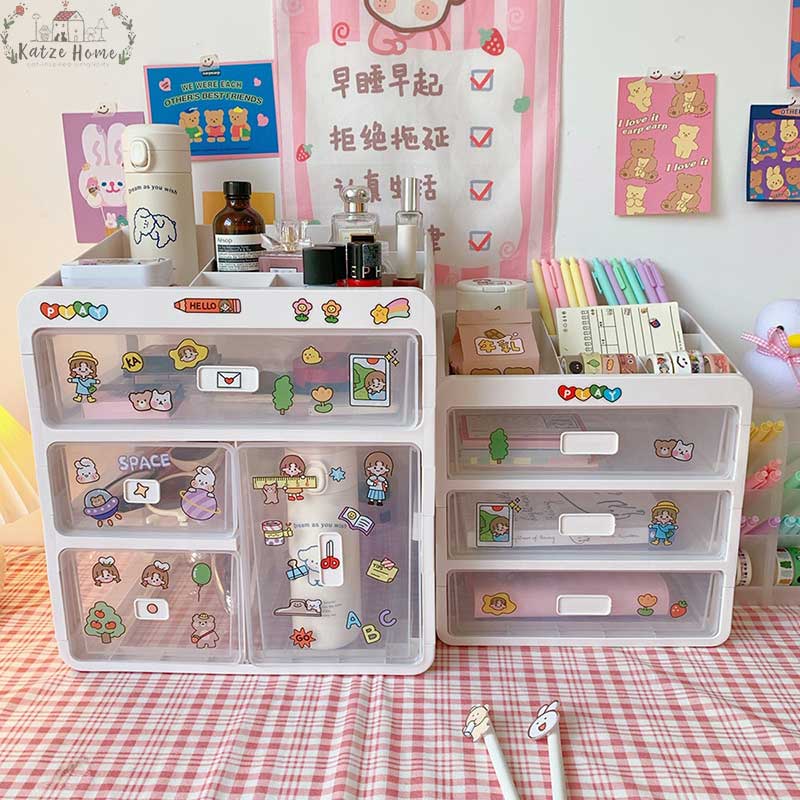 Cute Aesthetic Desk Organizer with Transparent Drawers