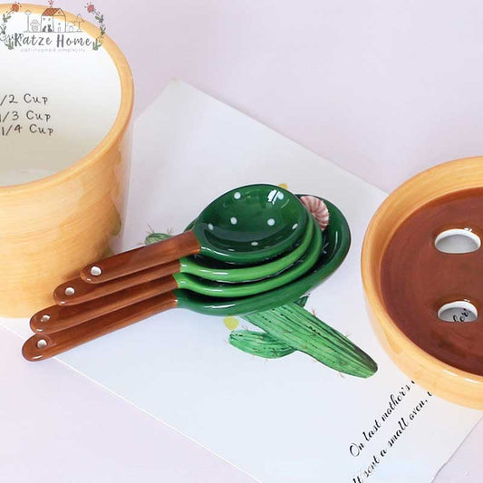 Cute Ceramic Cactus Measuring Spoons In Pot