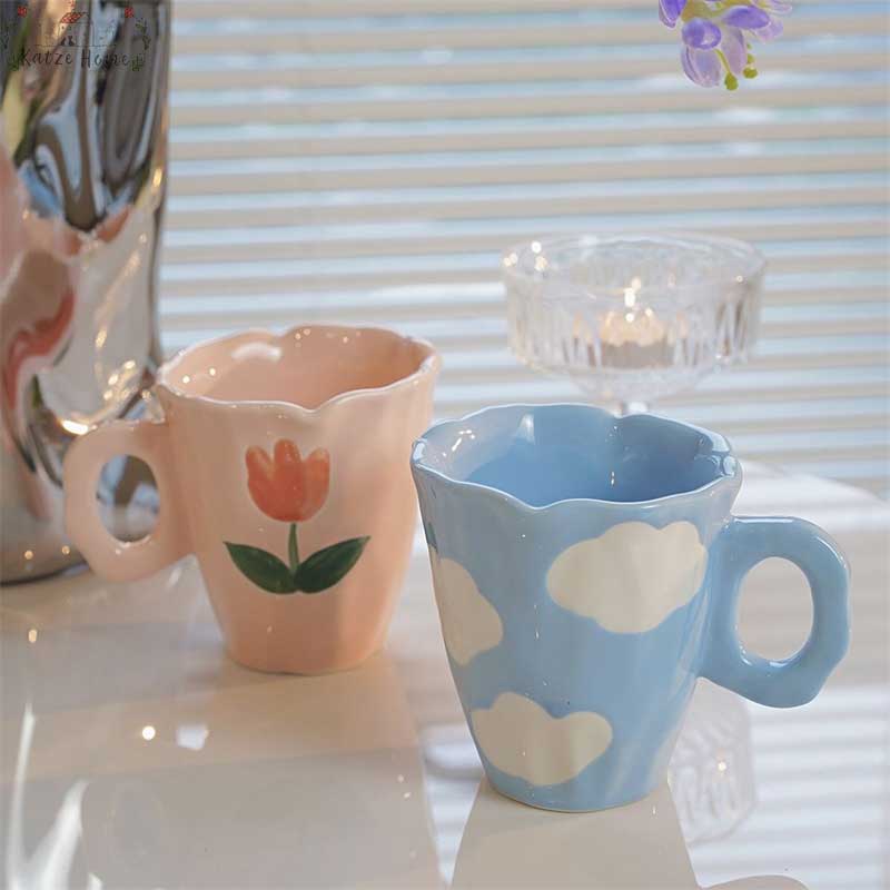 Cute Cloud Bear Tulip Orange Checkered Aesthetic Mugs