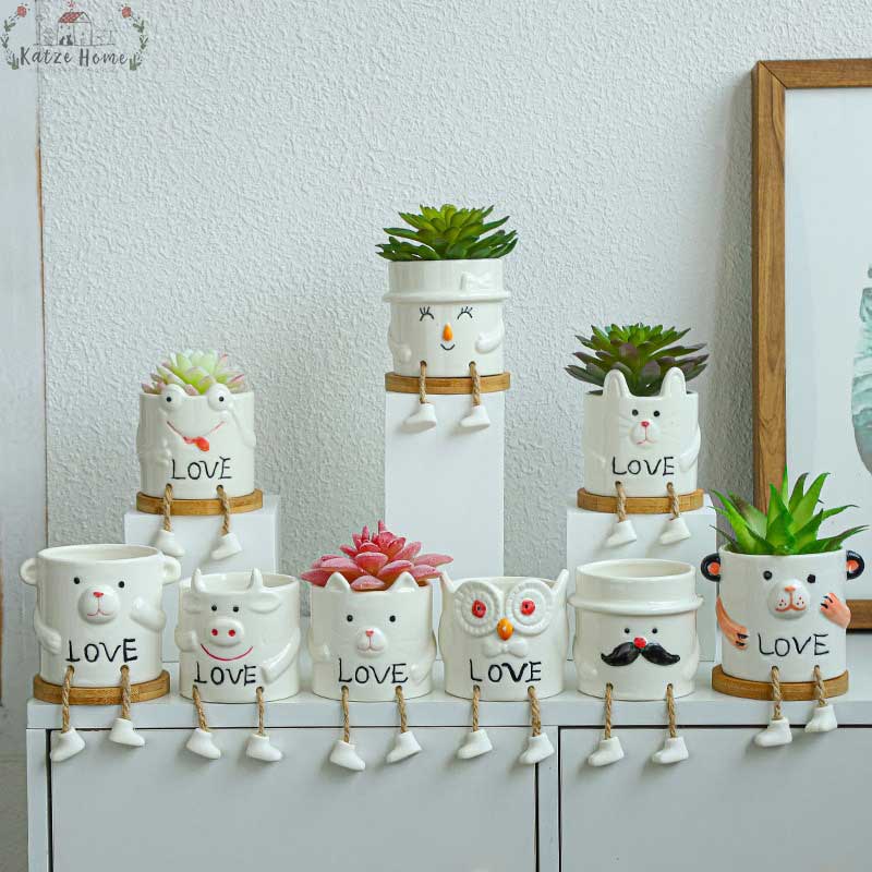 Cute Smiling Ceramic Face Planter Pot with Rope Legs