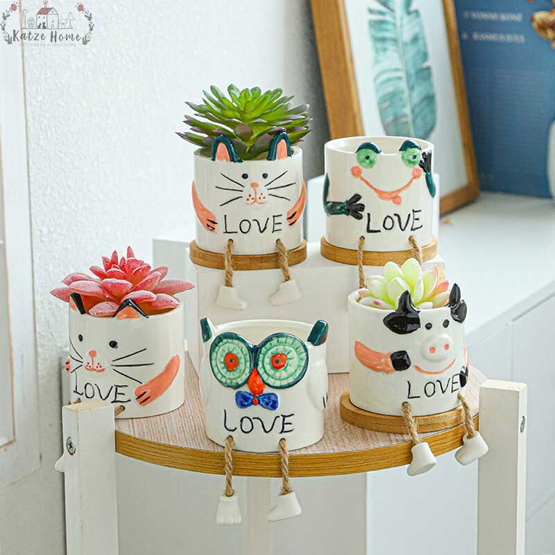 Cute Smiling Ceramic Face Planter Pot with Rope Legs