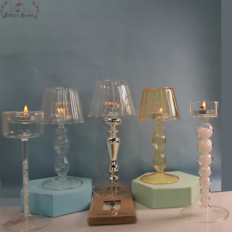 European Style Table Lamp Shaped Amber Glass Candle Holder