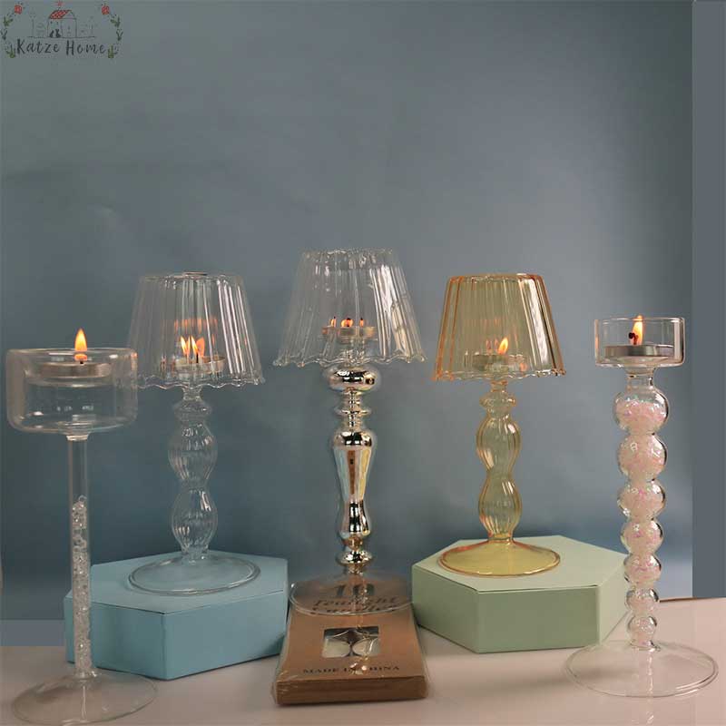 European Style Table Lamp Shaped Amber Glass Candle Holder