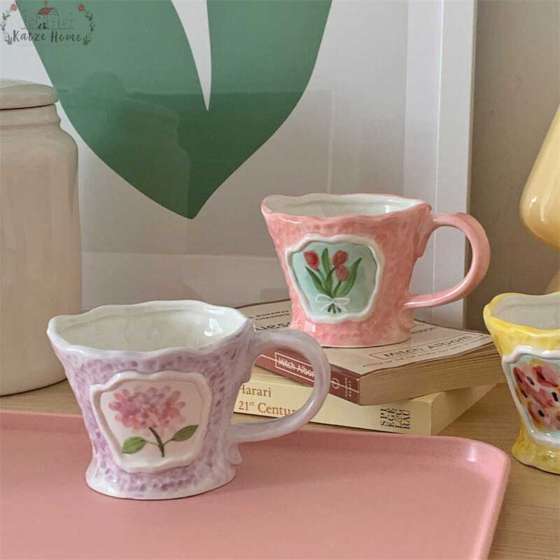 Aesthetic Cottagecore Hand Painted Floral Ceramic Mug and Saucer Set