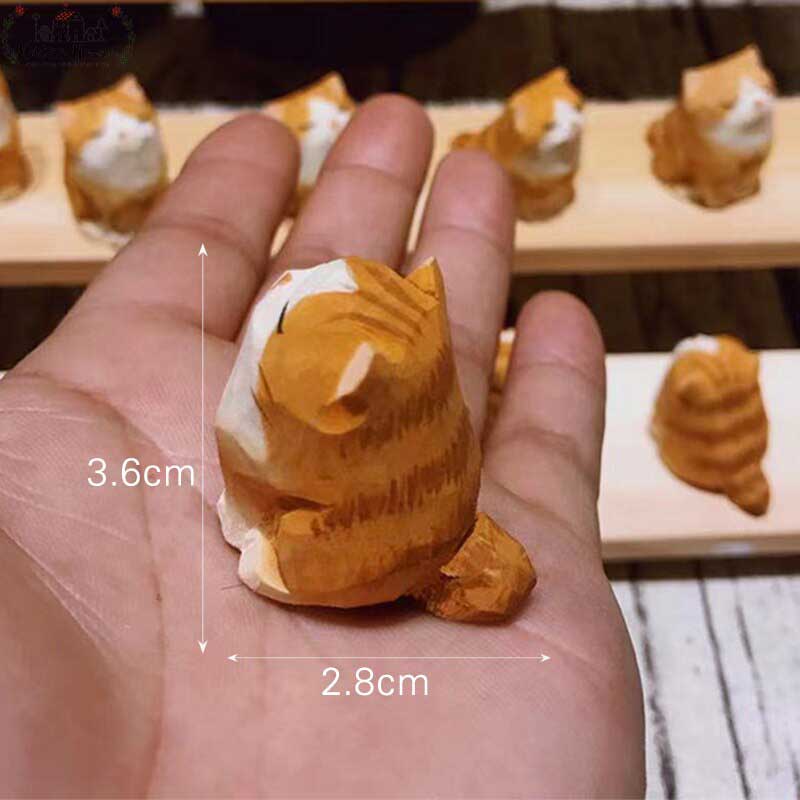 Hand Carved Painted Orange Wooden Cat Figurines