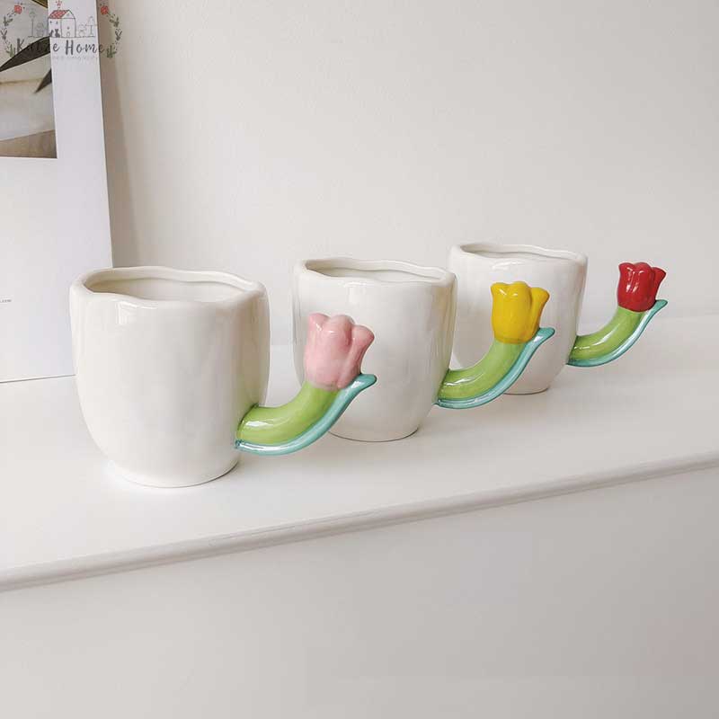 Handmade Ceramic Tulip Mug with Floral Spoon