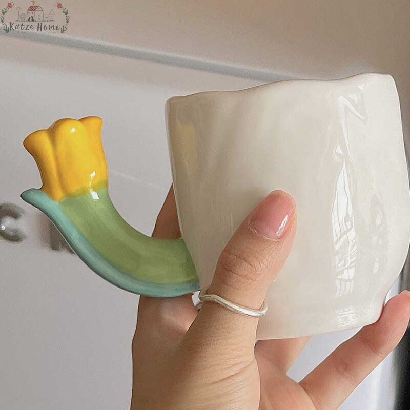 Handmade Ceramic Tulip Mug with Floral Spoon