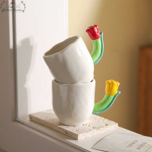 Handmade Ceramic Tulip Mug with Floral Spoon