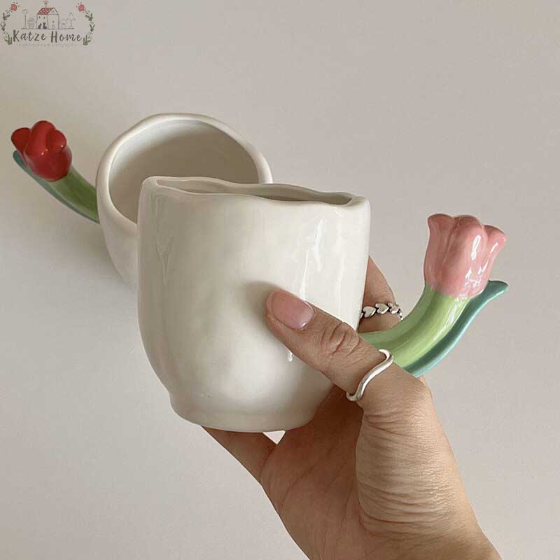 Handmade Ceramic Tulip Mug with Floral Spoon