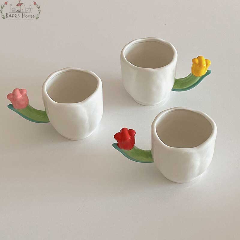 Handmade Ceramic Tulip Mug with Floral Spoon