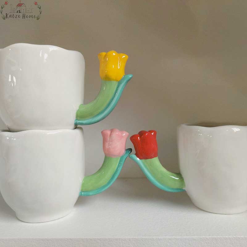 Handmade Ceramic Tulip Mug with Floral Spoon