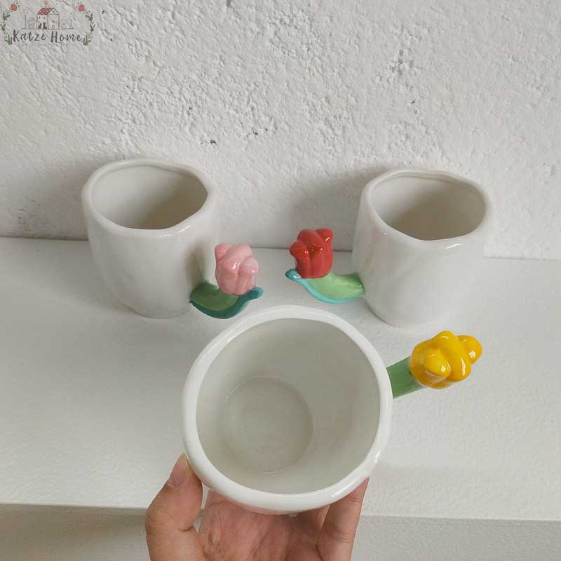 Handmade Ceramic Tulip Mug with Floral Spoon