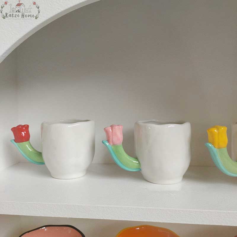 Handmade Ceramic Tulip Mug with Floral Spoon