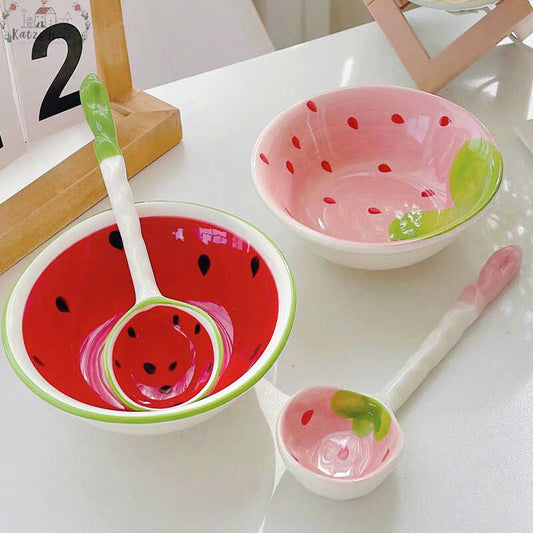 Handpainted Fruit Strawberry Watermelon Ceramic Bowl Set
