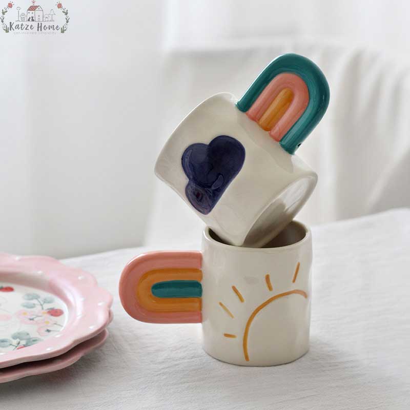 Handpainted Rainbow Pottery Mug with Big Handle