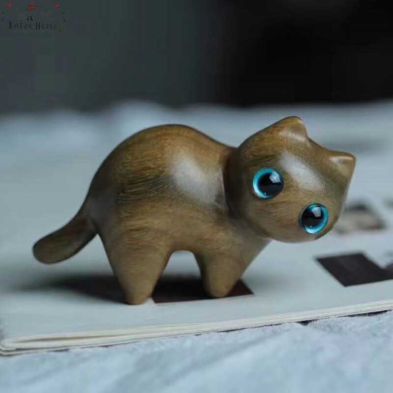 Little Funny Kitten Wood Carved Animals Wooden Cat Ornament